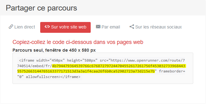Partager ce parcours --> Sur votre site web --> clé
