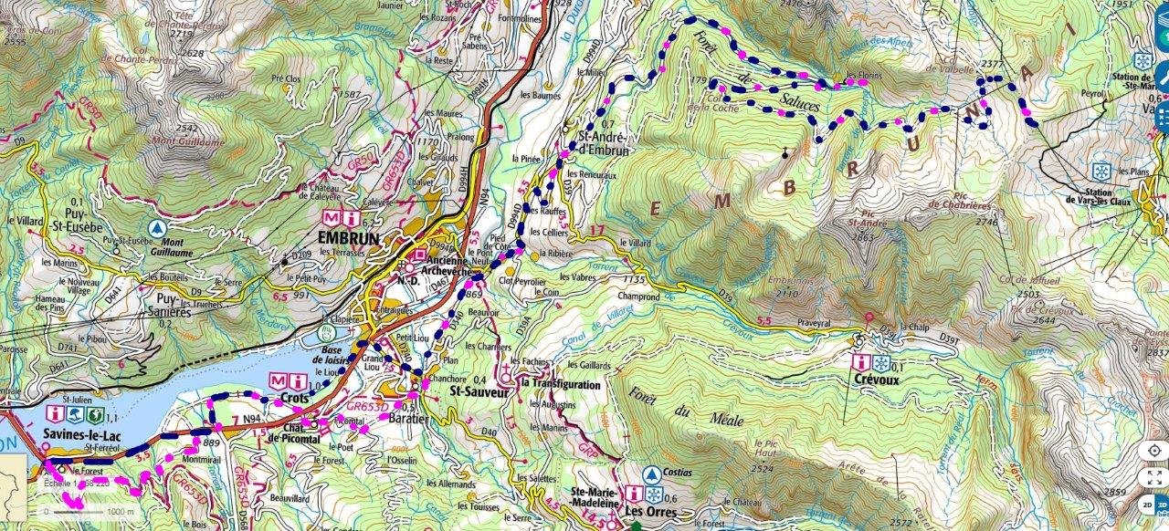 parcours aller en bleu, retour en mauve