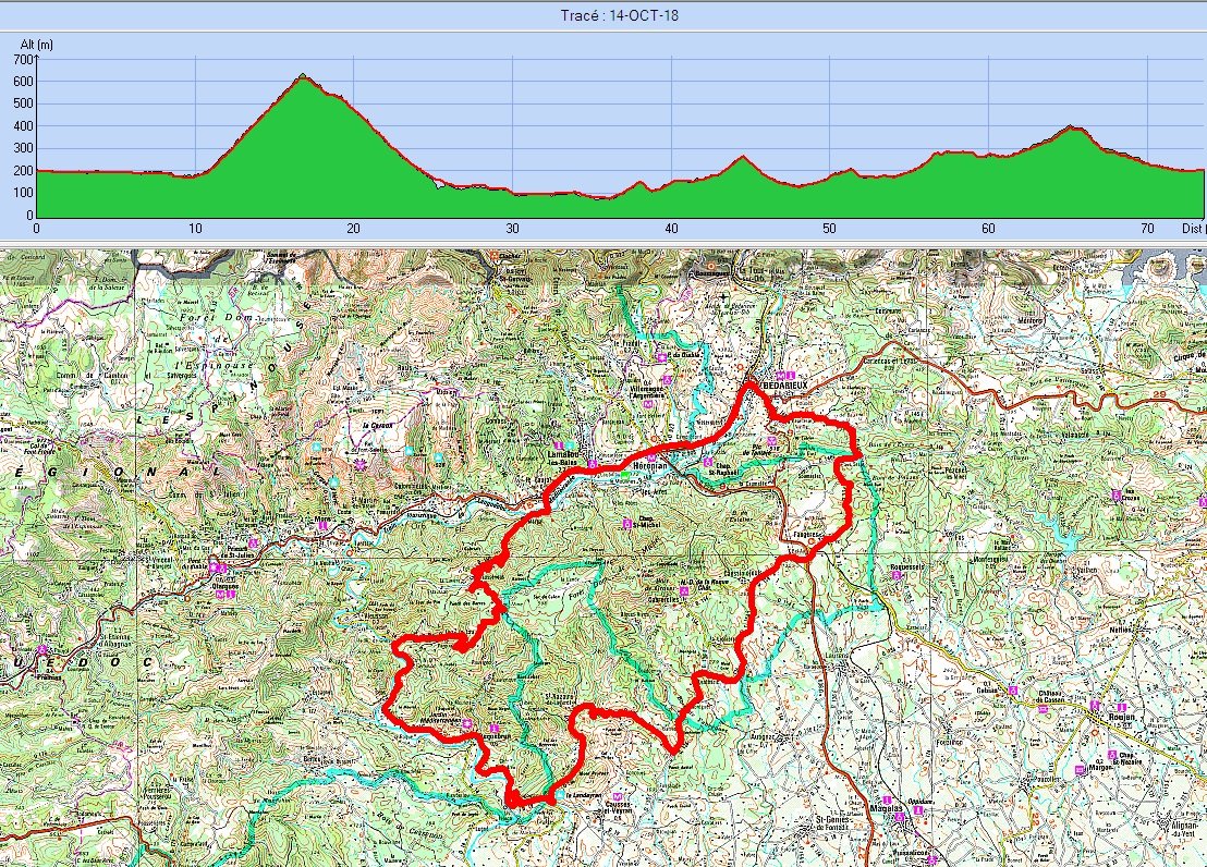 Le compteur dit 76 kms, IGN affiche 1151m D+ et Garmin 1088.... Allez, disons 1100 et n'en parlons plus !