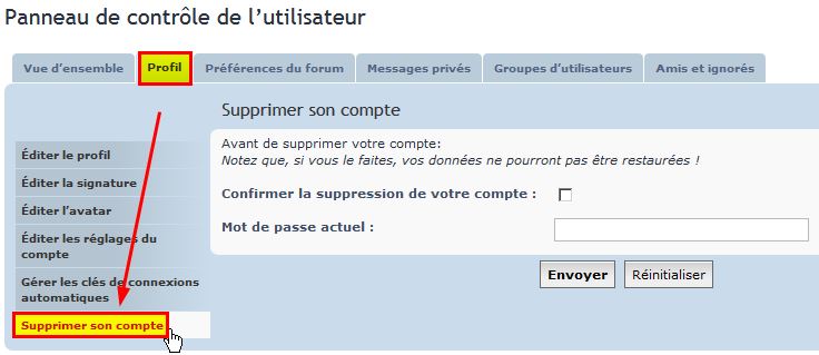 Sélectionner l'onglet Profil puis cliquer sur Supprimer son compte.