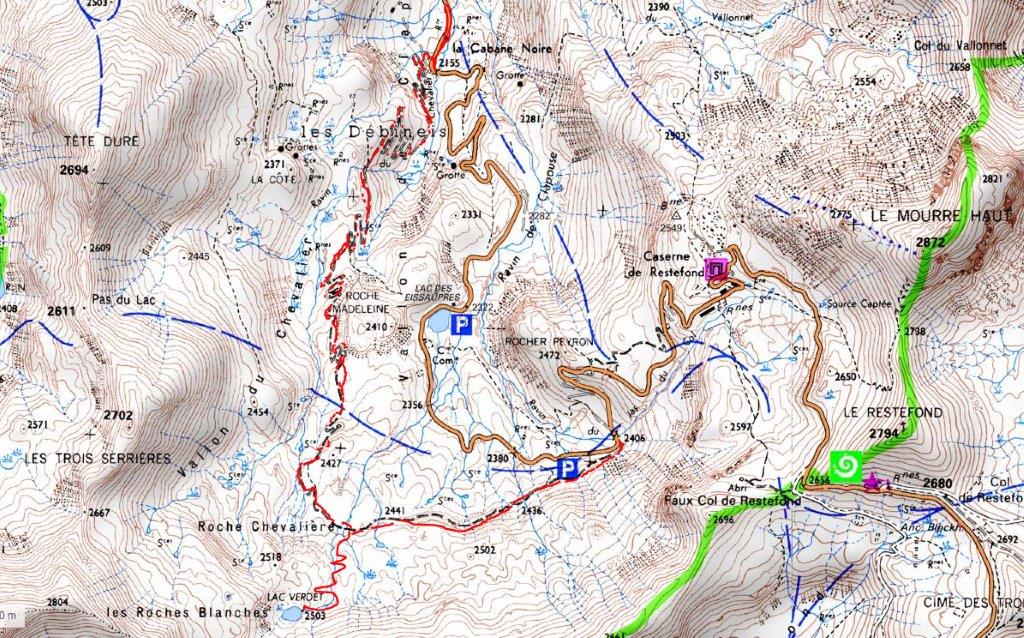Détail piste du Ravin du Chevalier, Lac Verdet. Tracé en rouge.